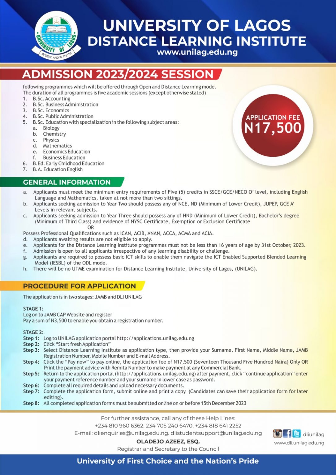 Admission Session University Of Lagos Distance Learning